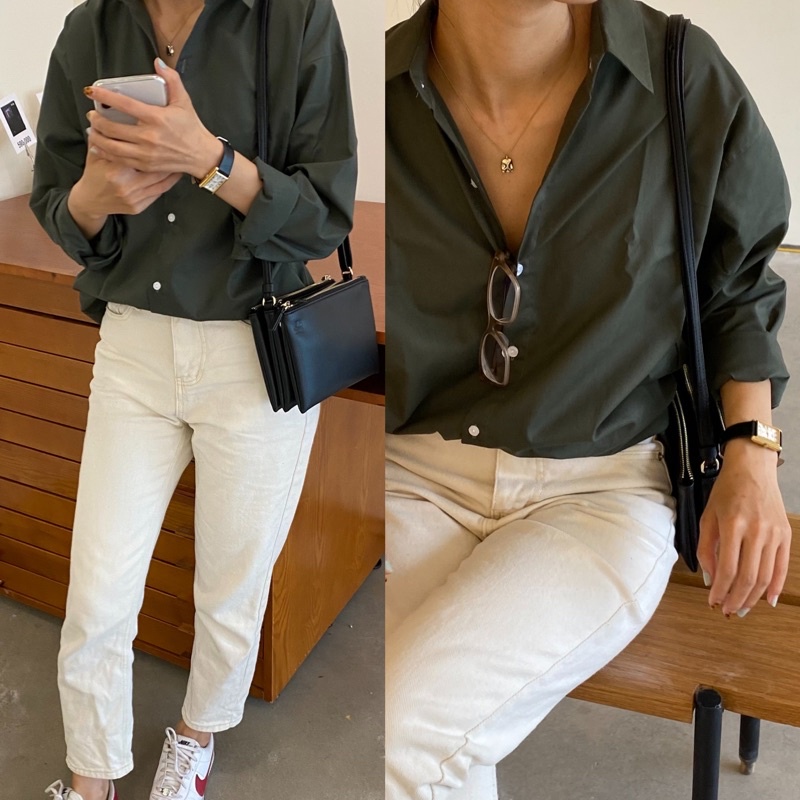Áo Sơ Mi Dài Tay Chất Liệu Cotton Màu Xanh Rêu dành cho Nữ Heebyohi