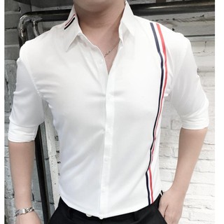 ÁO SƠ MI NAM TAY DÀI MÀU TRẮNG SỌC ĐEN ĐỎ ĐƠN GIẢN MS14