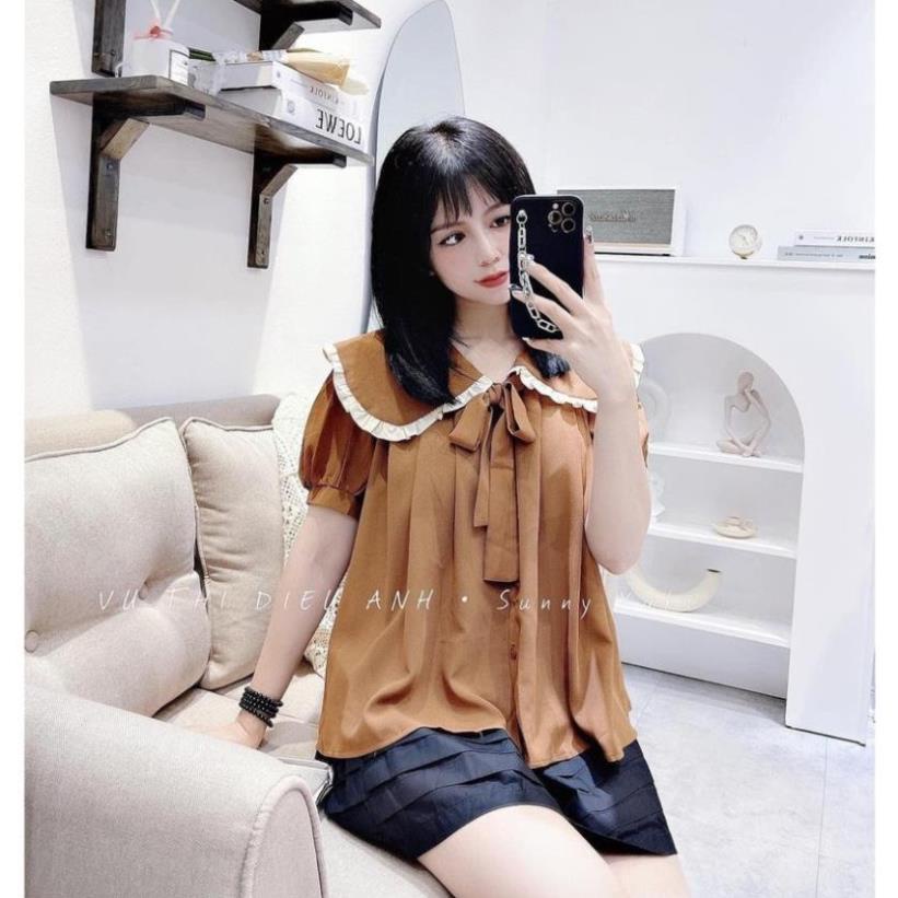 TBO-Sét bộ đũi áo babydoll cổ bèo cột nơ và quần đen ngắn