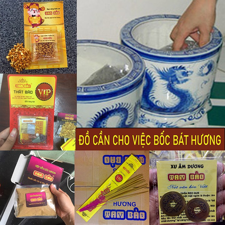 Các món dùng BỐC BÁT HƯƠNG - Chọn đồ: cốt thất bảo, hương thắp, tro nếp, gạo vàng thần tài, bột ngũ vị trộn tro