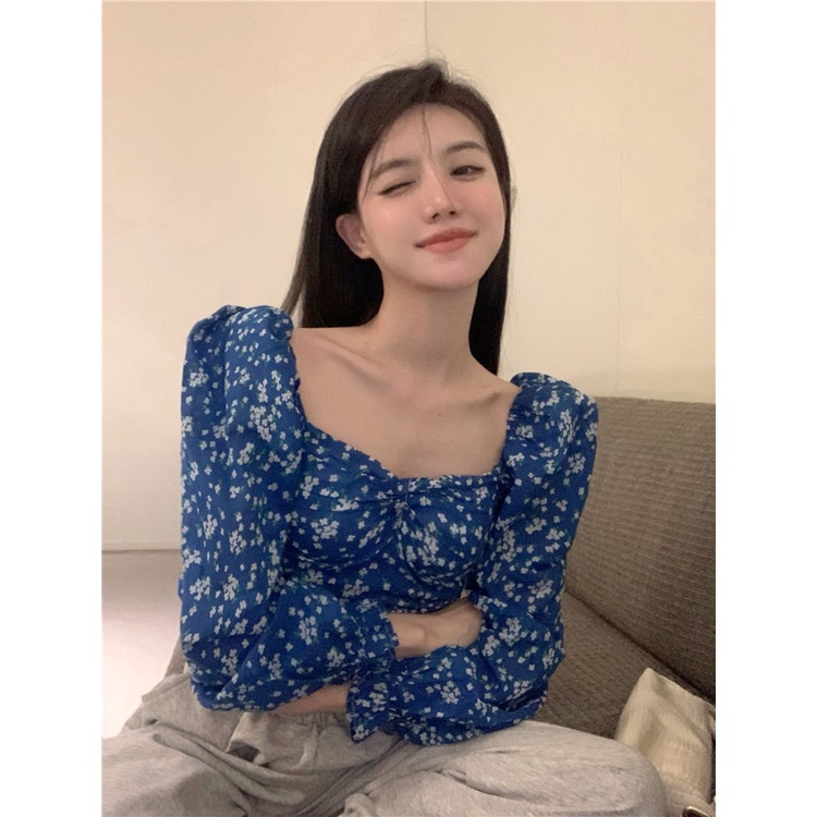 Thời trang nữ in hoa lệch vai Áo dài tay cổ vuông