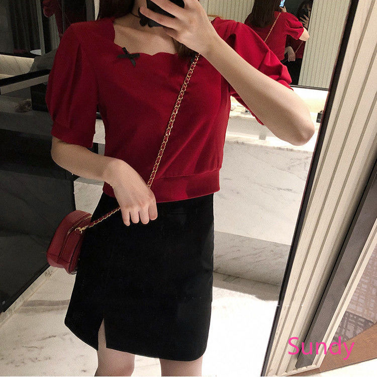 Áo Kiểu Cổ Vuông Tay Phồng Đính Nơ Xinh Xắn Cho Bé Gái