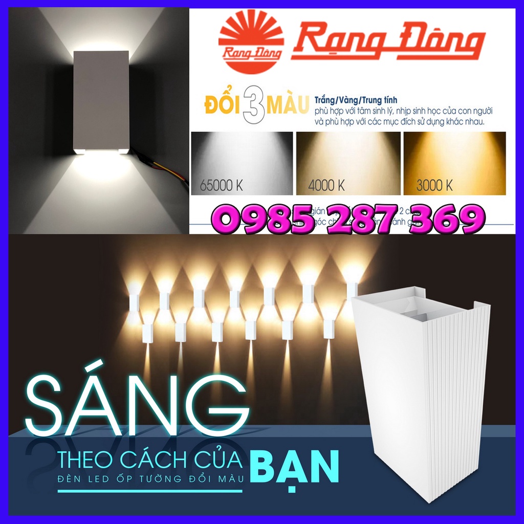 Đèn LED ốp tường hắt sáng 2 đầu đổi 3 màu ánh sáng Rạng Đông 6W Model: LN18 83x60/6W LN18.V2 ĐM 110x75/6W