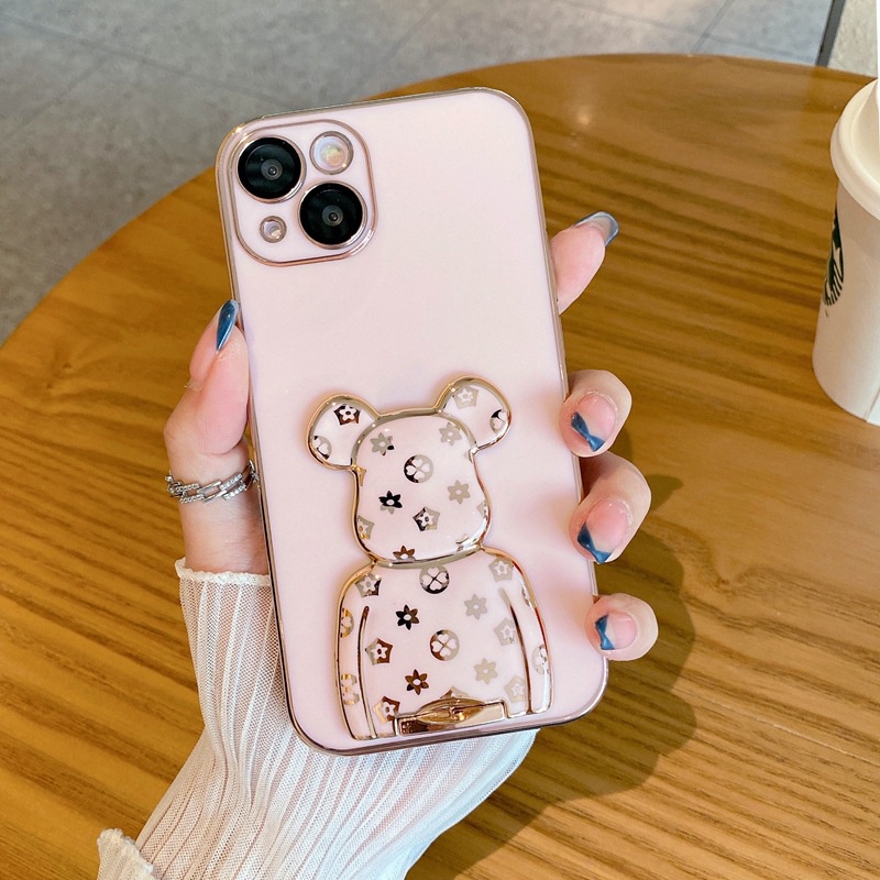 Ốp Điện Thoại Mạ Điện Họa Tiết Hoa / Gấu Hoạt Hình Kèm Giá Đỡ Cho iPHONE 13 12 11 pro max