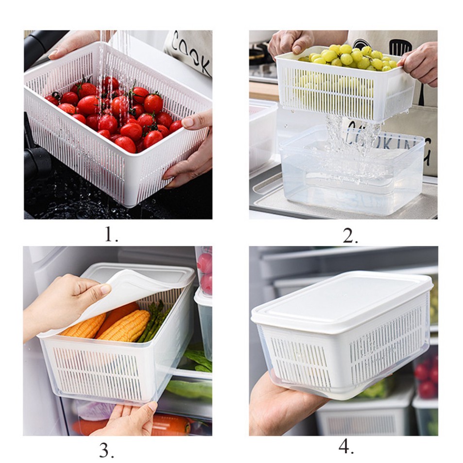 Hộp đựng thực phẩm có nắp đậy cao cấp, khay nhựa để tủ lạnh kèm rổ ráo nước bảo quản thức ăn tiện dụng .
