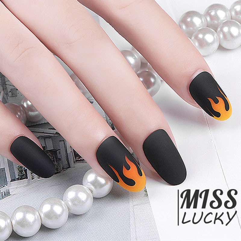 24 móng tay giả họa tiết ngọn lửa có keo dán sành điệu