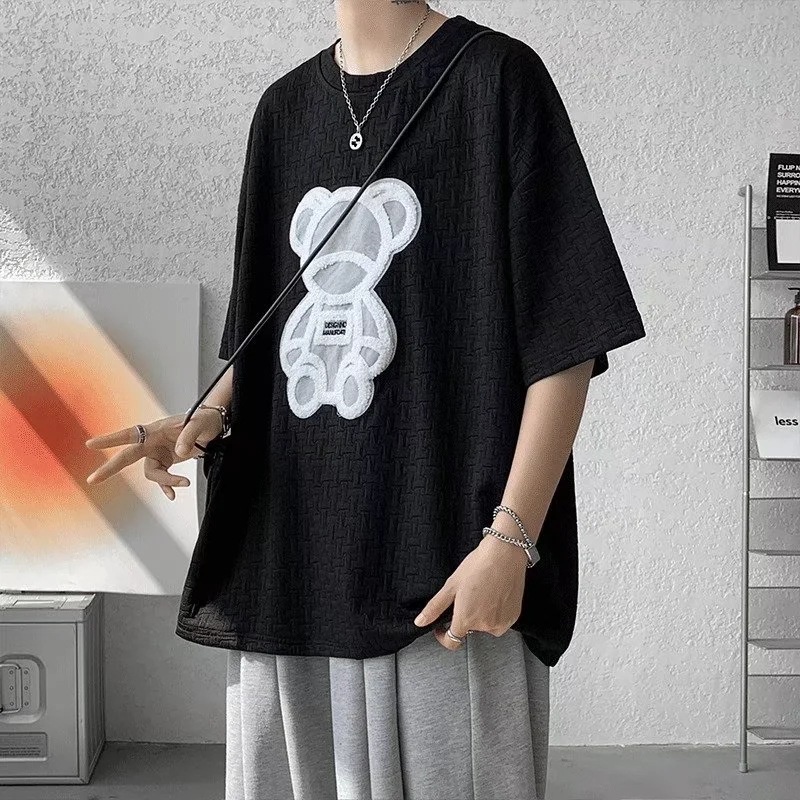Áo Thun Tay Ngắn Dáng Rộng Vải Lụa Lạnh Mỏng In Hình Gấu Klein Màu Xanh Dương Phong Cách Đường Phố Mỹ Thời Trang Mùa Hè Cho Nam