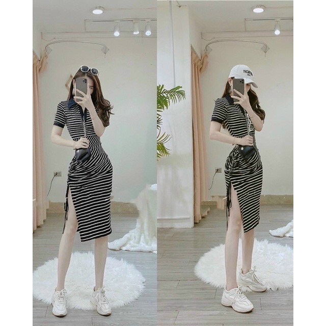 Đầm body tay ngắn nữ chất thun gân kiễu cổ bẻ sơ mi xẽ tà hot 67