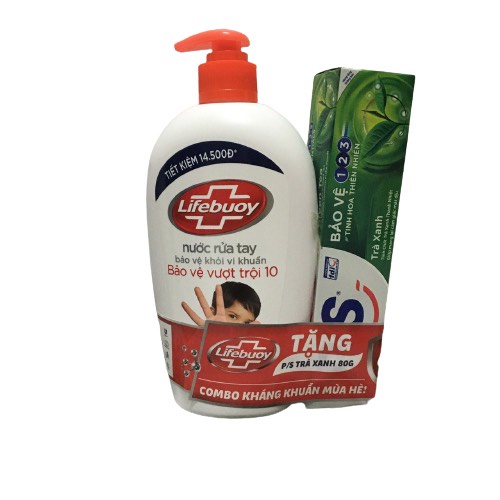 Nước rửa tay Lifebuoy bảo vệ vượt trội 500g tặng kèm kem đánh răng PS Trà xanh 80g