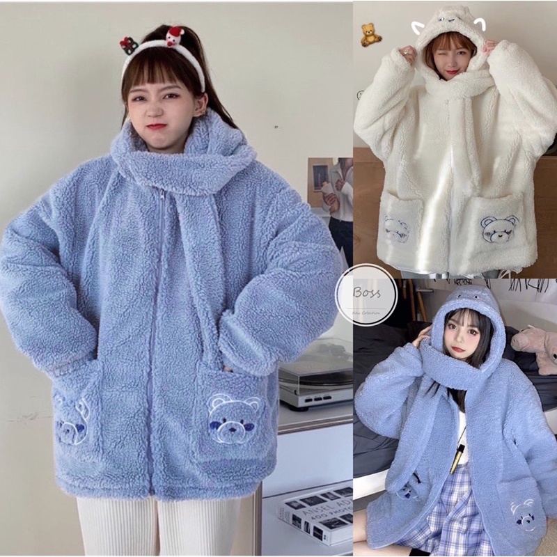 Áo Khoác Lông Gấu Nữ Túi Mũ Khăn Xanh Trắng Dáng Rộng