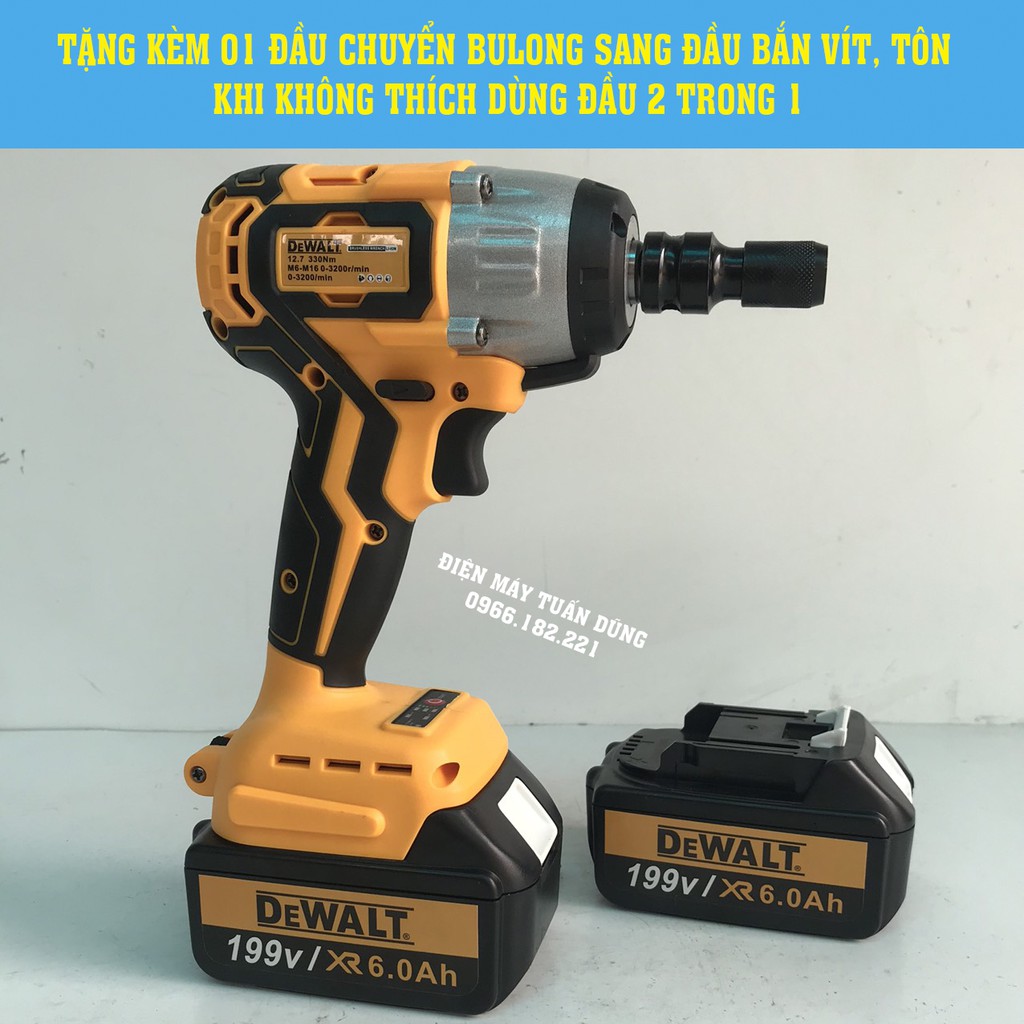 Máy siết bulong dùng pin DeWalt 199V - 3 ĐÈN LED Tặng 01 đầu chuyển vít + 01 khẩu 22