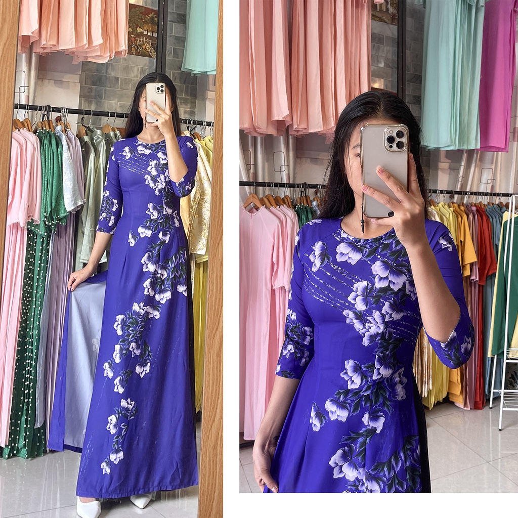 Áo dài hoa mai vàng tươi - Áo xanh tím hoa cực sang