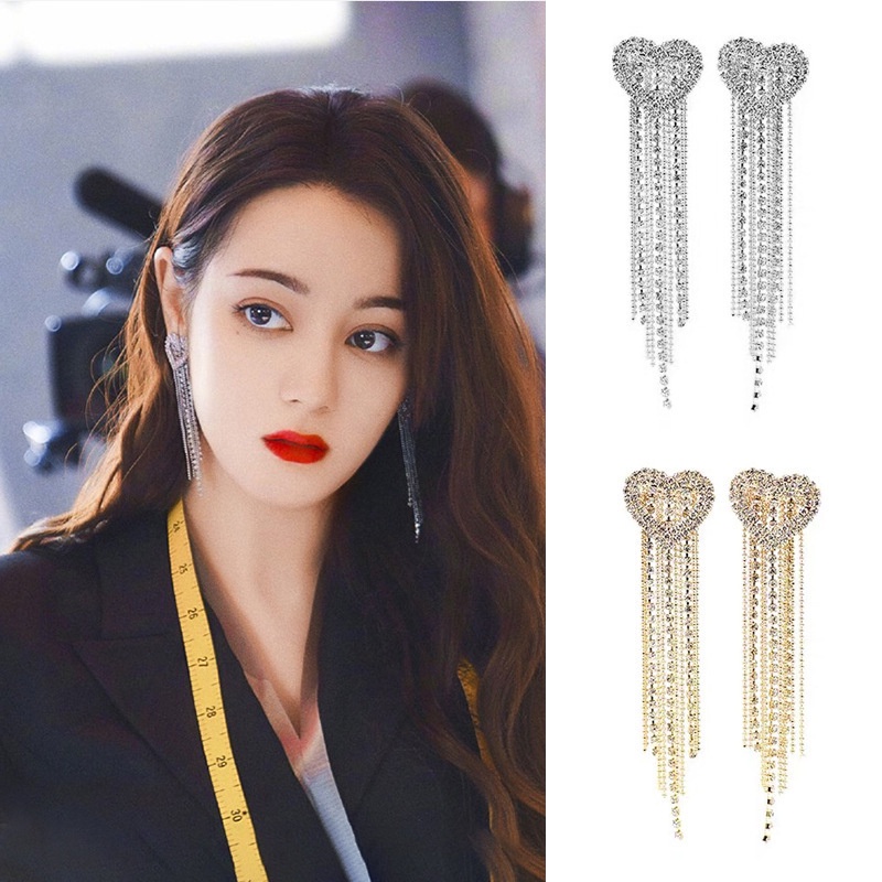 Bông Tai Mạ Bạc 925 Dáng Dài Hình Trái Tim Đính Đá Phối Tua Rua Phong Cách Hàn Quốc