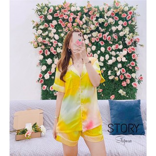 Bộ pijamma tay ngắn quần đùi cao cấp loang màu lụa satin cao cấp quảng châu