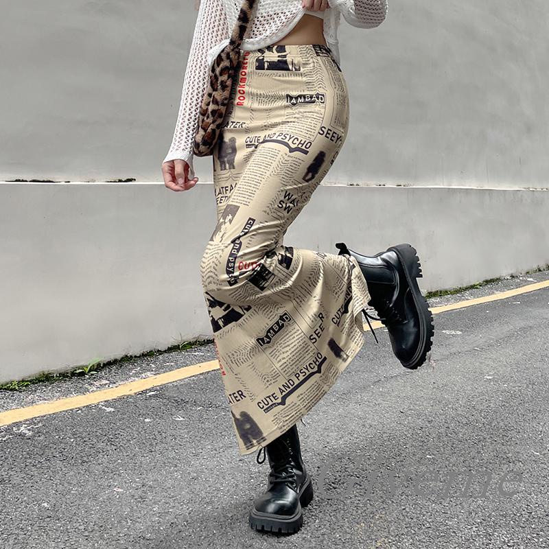 Chân Váy Dài Tới Mắt Cá Chân In Họa Tiết Tờ Báo Lưng Cao Co Giãn Thời Trang Đường Phố Cho Nữ