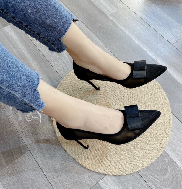 [HÀNG SẴN] GIÀY CAO GÓT BÍT MŨI LƯỚI GẮN NƠ XINH