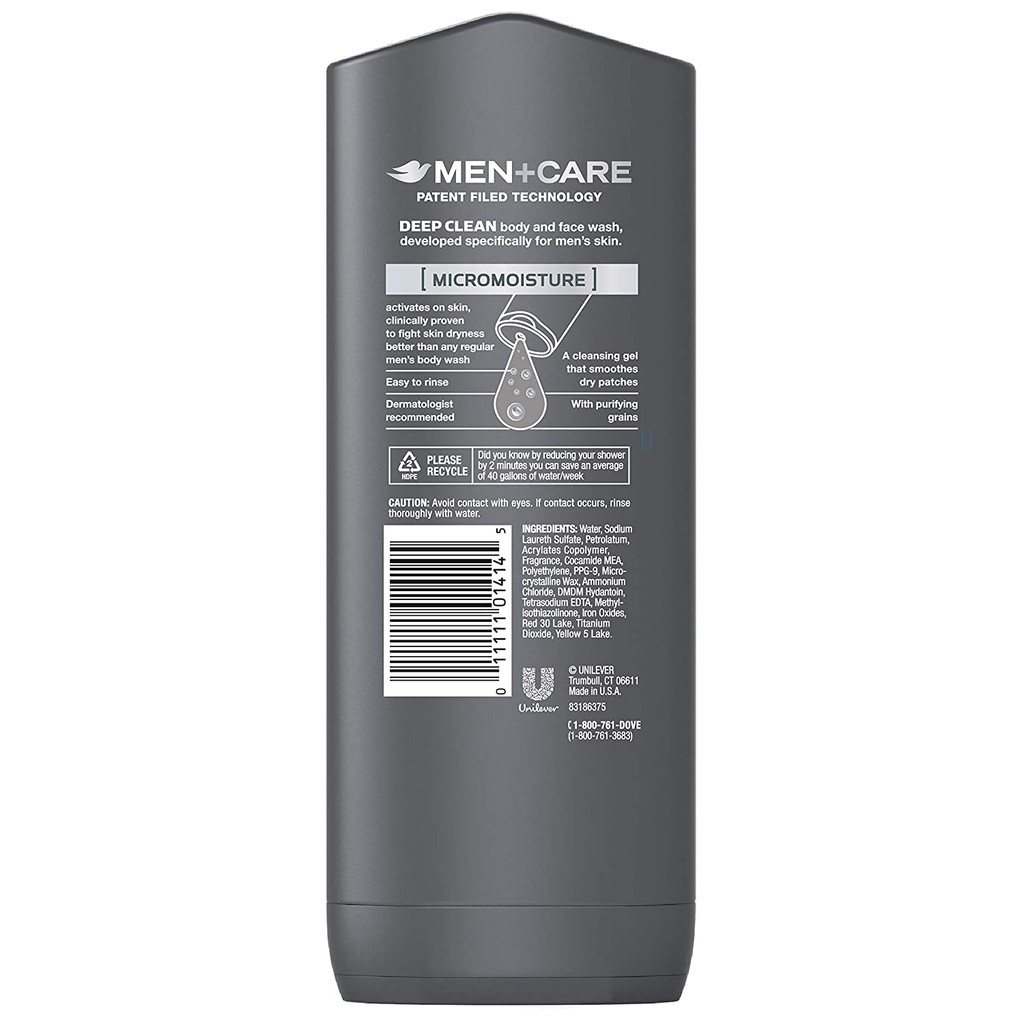 Gel tắm và rửa mặt 2 trong 1 cho nam Dove Men+Care Body and Face Wash Deep Clean 400ml (Mỹ)