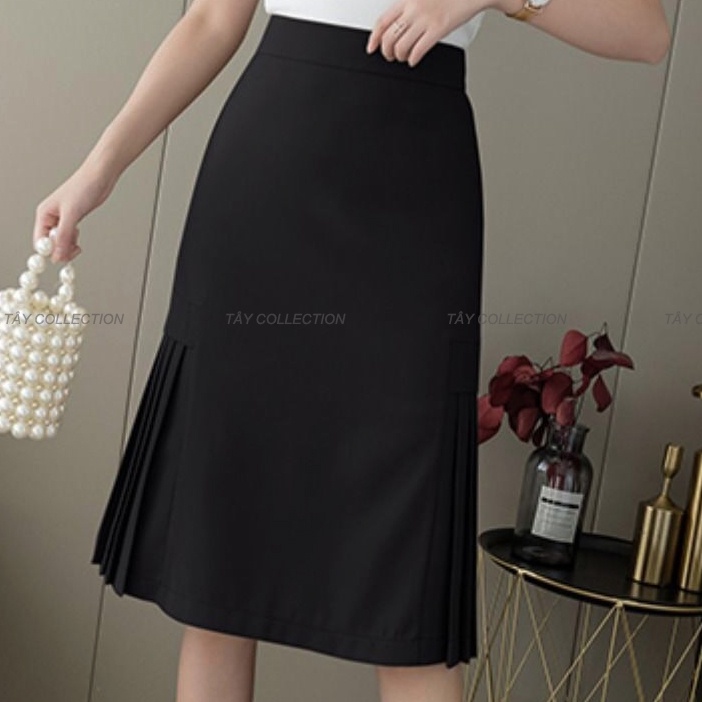 Chân váy midi chữ A tùng xếp ly 2 bên dài 55-60cm sang trọng và thanh lịch