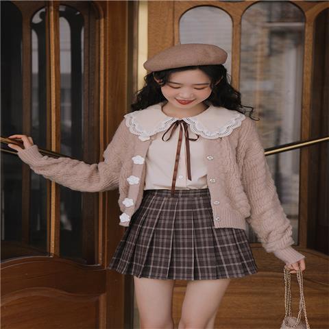 Set áo khoác cardigan dệt kim dáng rộng + áo sơ mi cổ búp bê + chân váy xếp ly + áo 5 ngày