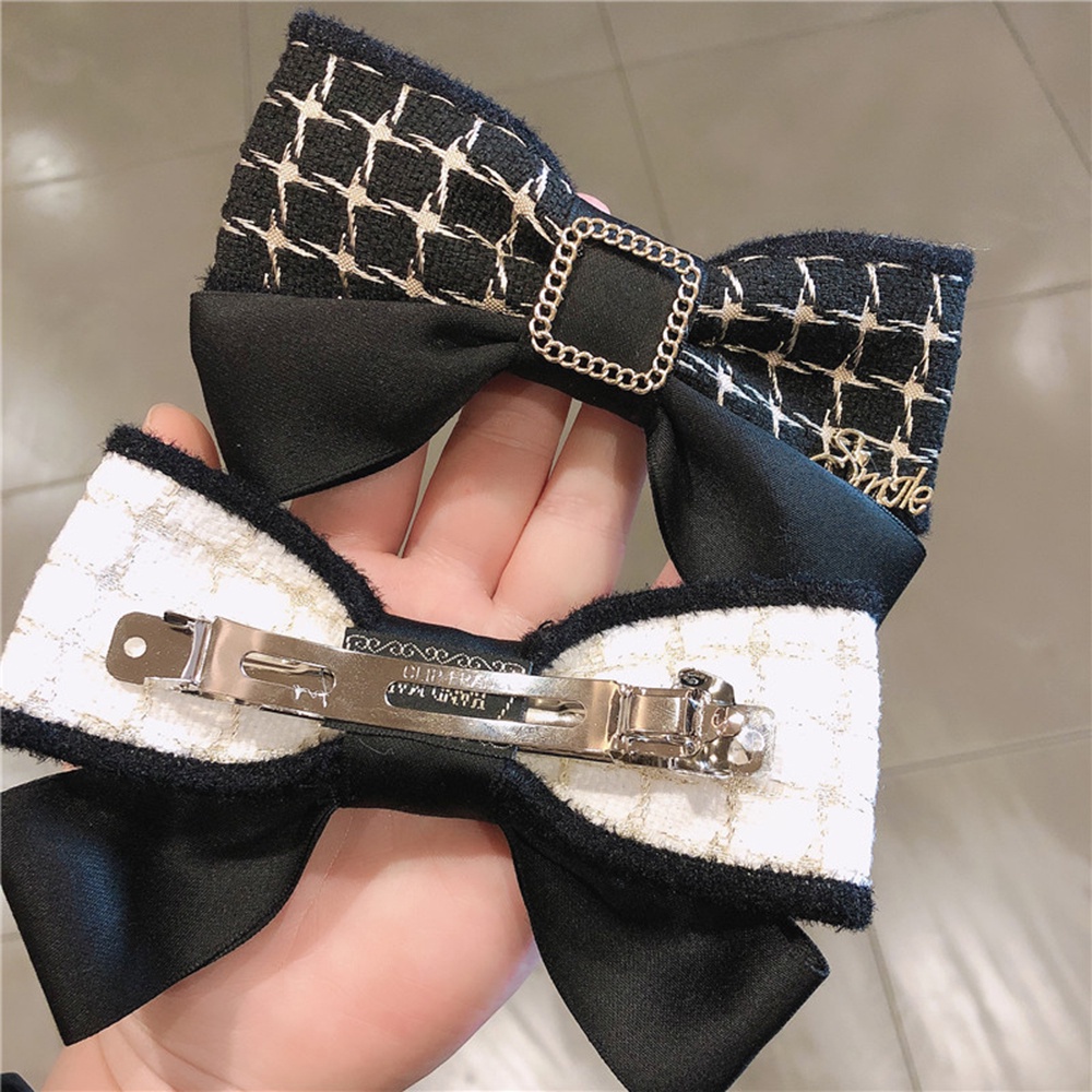 Kẹp tóc nơ lớn kẻ sọc caro trắng đen phong cách Hàn Quốc cổ điển cho nữ