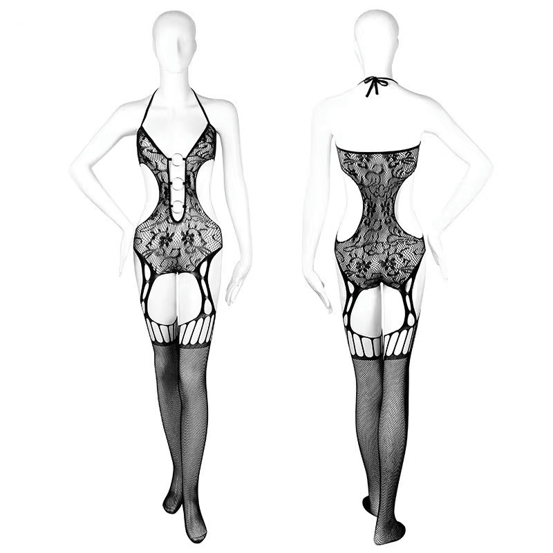 ME8141 - Bodystocking Lưới Liền Thân - Áo Cổ V Khoét Sâu Phối Vòng Điểm Nhấn - Đồ Lót Nội Y Nữ Gợi Cảm