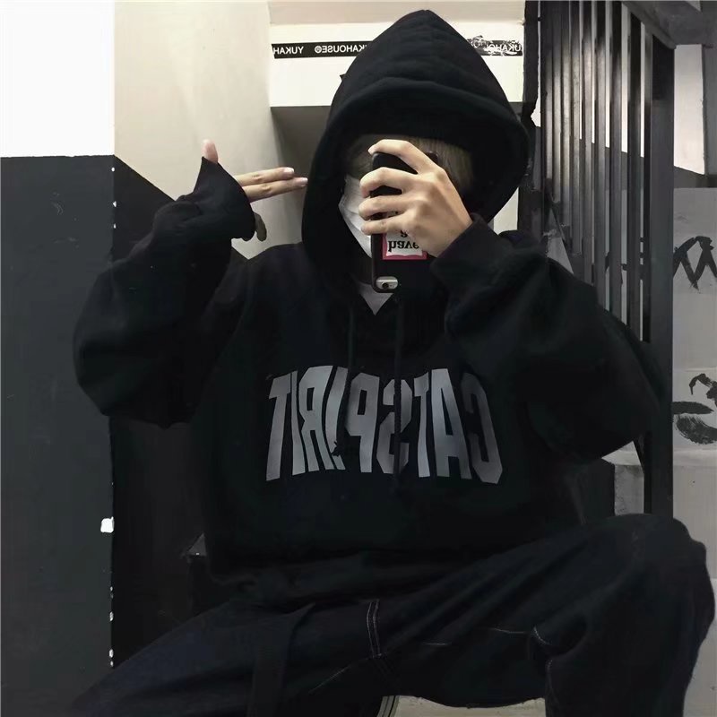 Áo hoodie tay dài dáng rộng in chữ phong cách Nhật Bản thời trang mùa đông size M-5XL cho nam và nữ
