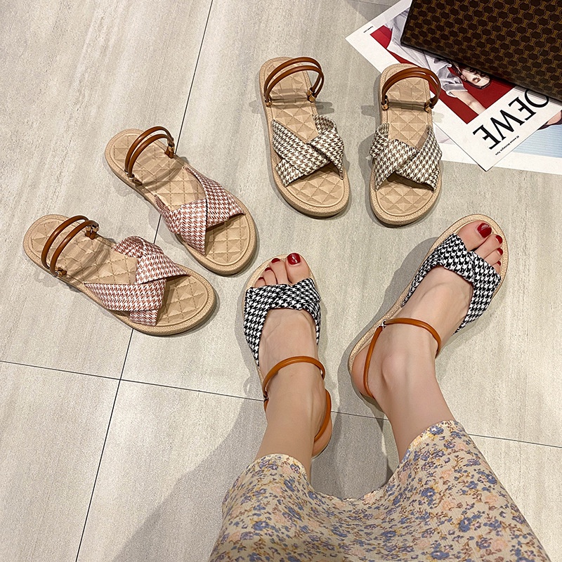 Giày sandal IELGY đế bằng phối sọc caro phong cách Hàn Quốc cho nữ