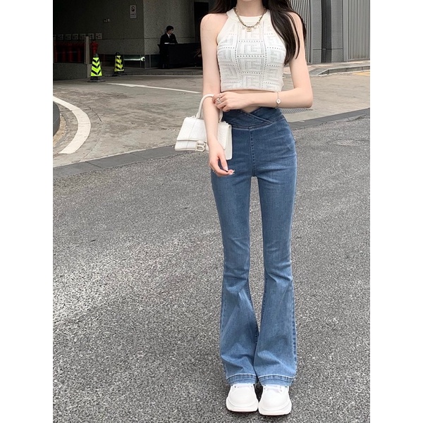 Quần jean bò nữ ống loe cạp lưng cao co giãn màu xanh phong cách Hàn Quốc Meisy