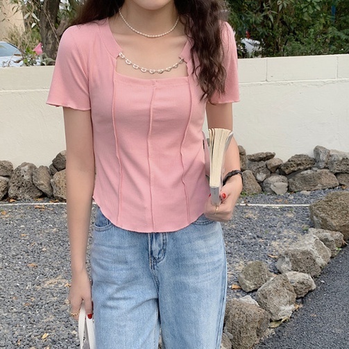 NZN Áo Thun Tay Ngắn Cổ Vuông Màu Sắc Đơn Giản Phong Cách Hàn Quốc Cho Nữ