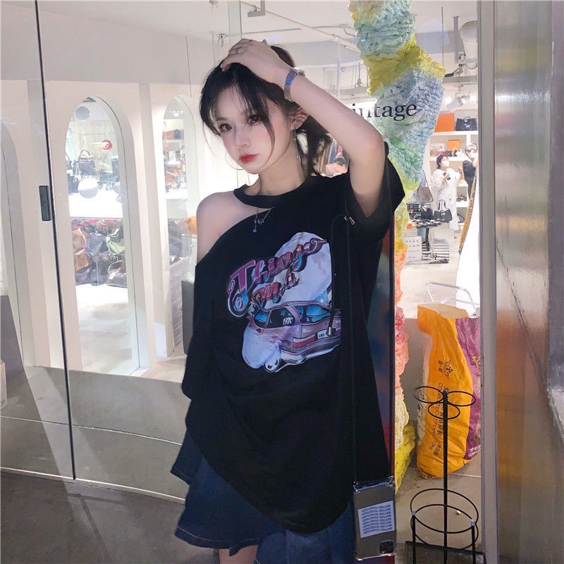 Áo Thun COZOK Tay Ngắn Dáng Rộng Trễ Vai In Họa Tiết Kiểu retro Cá Tính