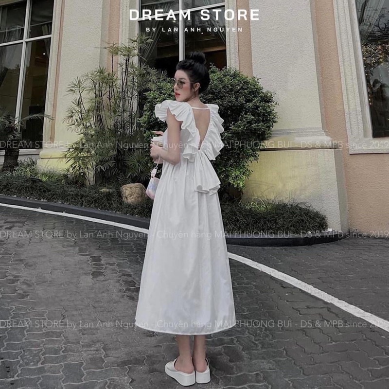 Đầm maxi bèo vai ba màu nơ lưng mang đi biển