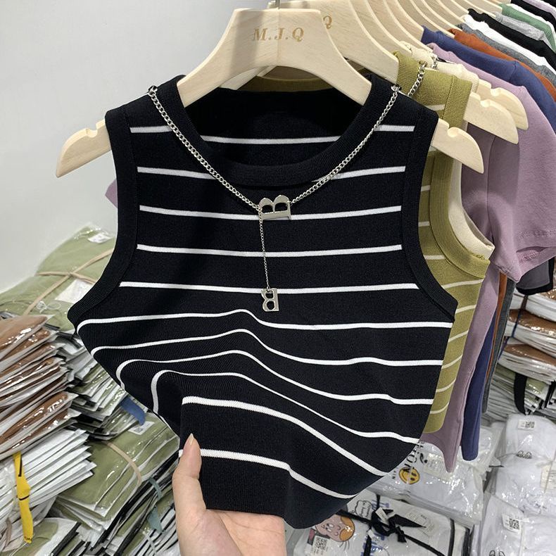 Áo Dệt Kim Hai Dây Dáng Ngắn Họa Tiết Kẻ Sọc Thời Trang Mùa Hè Cho Nữ OOP125