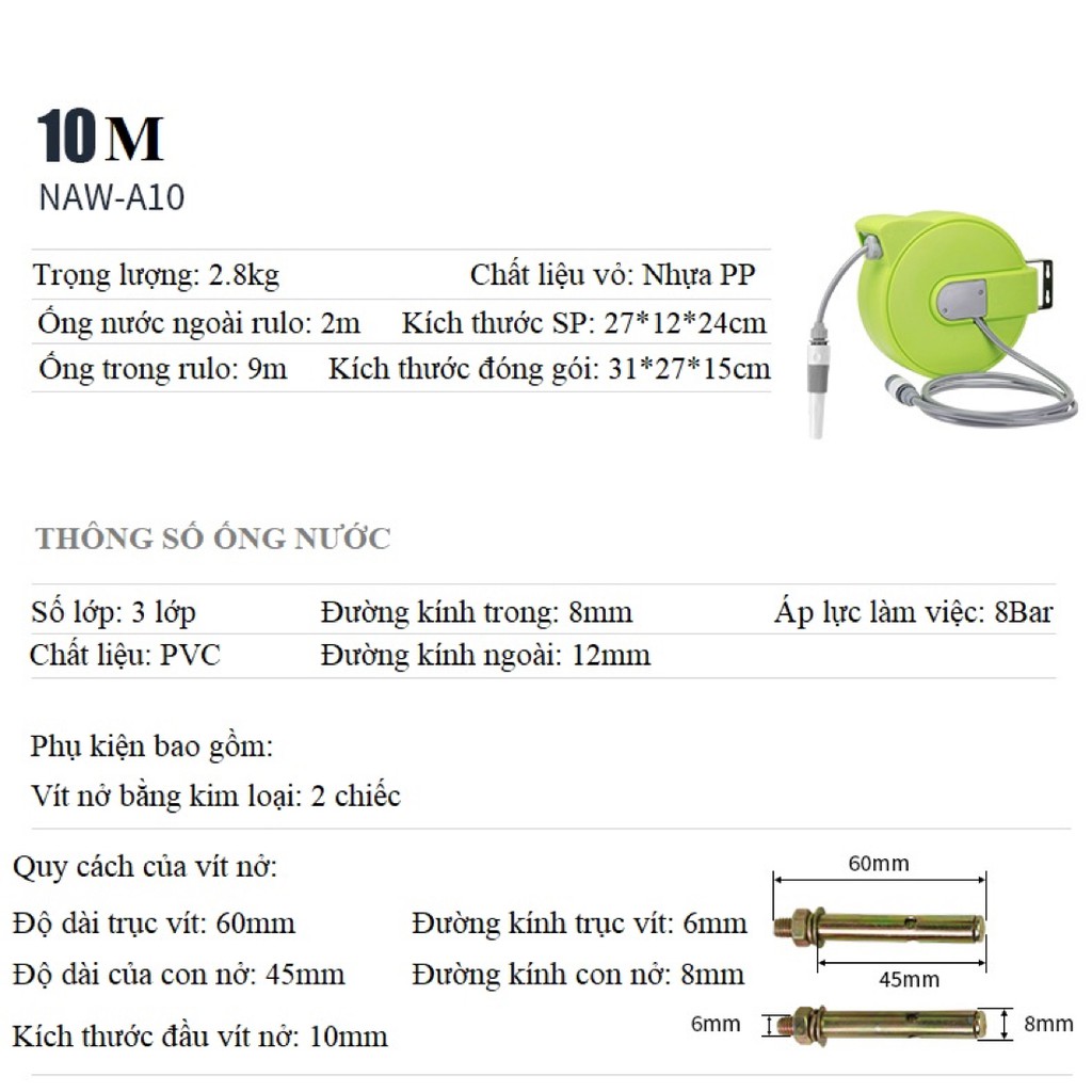 Bộ vòi tưới cây mini 10 mét Lionking NAW-A10. Rulo thu cuộn ống nước tự động (11 mét)