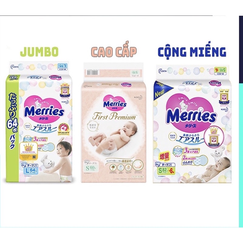 Bỉm Merries Cộng miếng-Jumbo-Cao cấp Nội địa Nhật quần/dán NB90+6 / S82+6 / M64+4 / L44+6/ M58+6 / L44+6 /+6.....