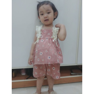 Sét đồ 2 dây hình hoa cúc kẻ caro, bộ đồ cho bé gái