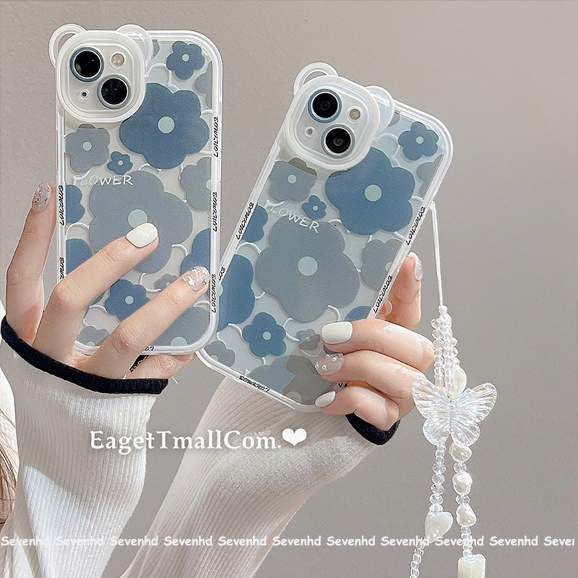 Ốp Điện Thoại Dẻo Họa Tiết Tai Gấu &amp; Hoa Màu Xanh Dương Xinh Xắn Cho iPhone 13 12 11 Pro Max Xs Max Xr X 7 8 6 6s Plus