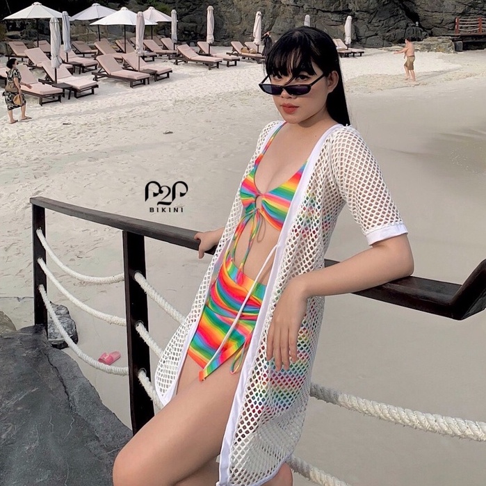 P2P BIKINI - Set đồ bơi 3 món, áo mút hai dây, quần tam giác kèm váy cầu vồng - BTK450HT_SET3