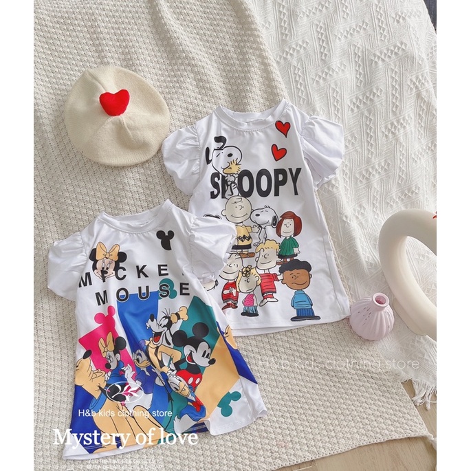 Váy Suông Hoạt Hình Mickey Snoopy Tay Bồng Dễ Thương Cho Bé Gái Size 8-32kg Kèm Ảnh Thật TB18