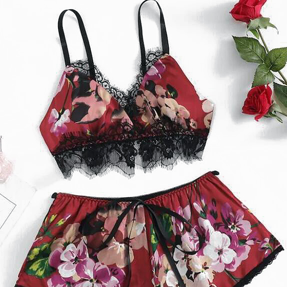 Set đồ ngủ 2 dây hoạ tiết hoa viền ren | BigBuy360 - bigbuy360.vn