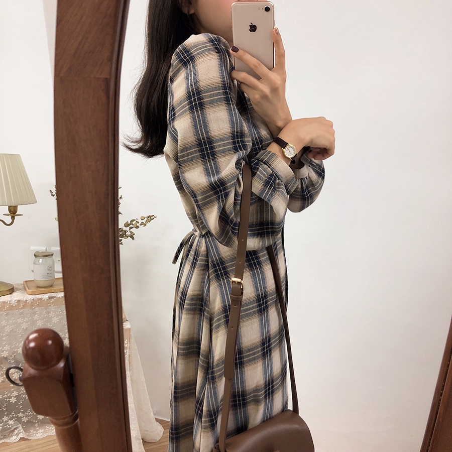 Đầm midi SUXI tay dài phối họa tiết caro phong cách Hàn Quốc thời trang xinh xắn