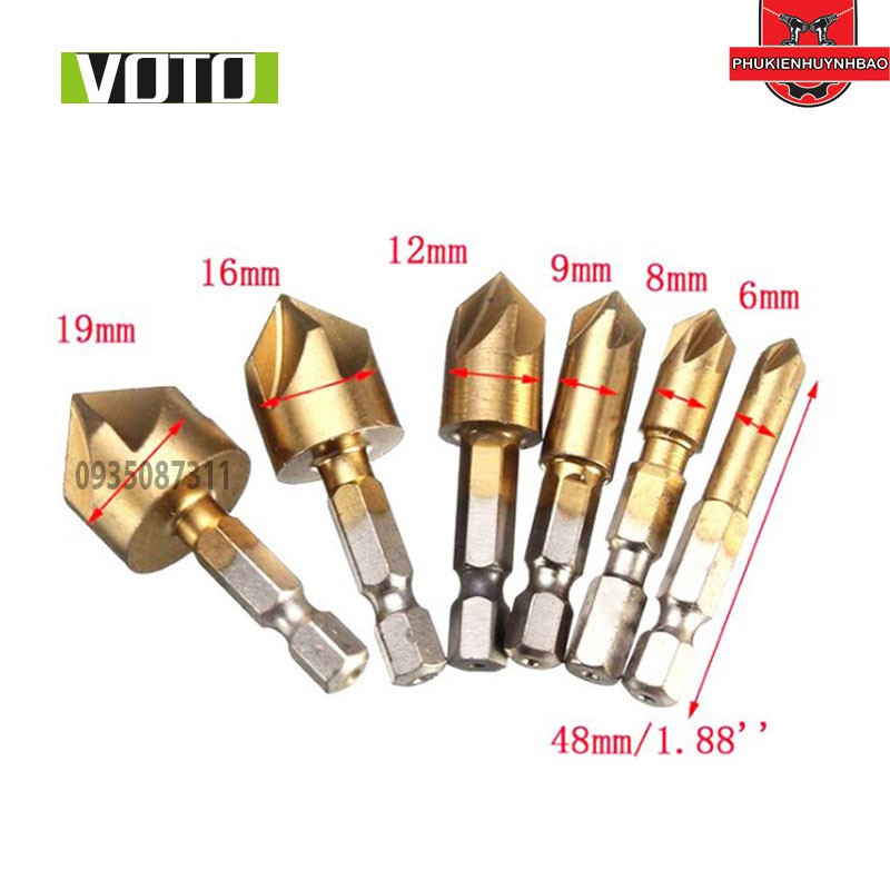 Bộ 6 Mũi Doa Âm Miệng Lỗ Bắt Âm Vít 5 Lưỡi Phay Phủ Titanium 6-19mm Chuôi Lục Giác VOTO