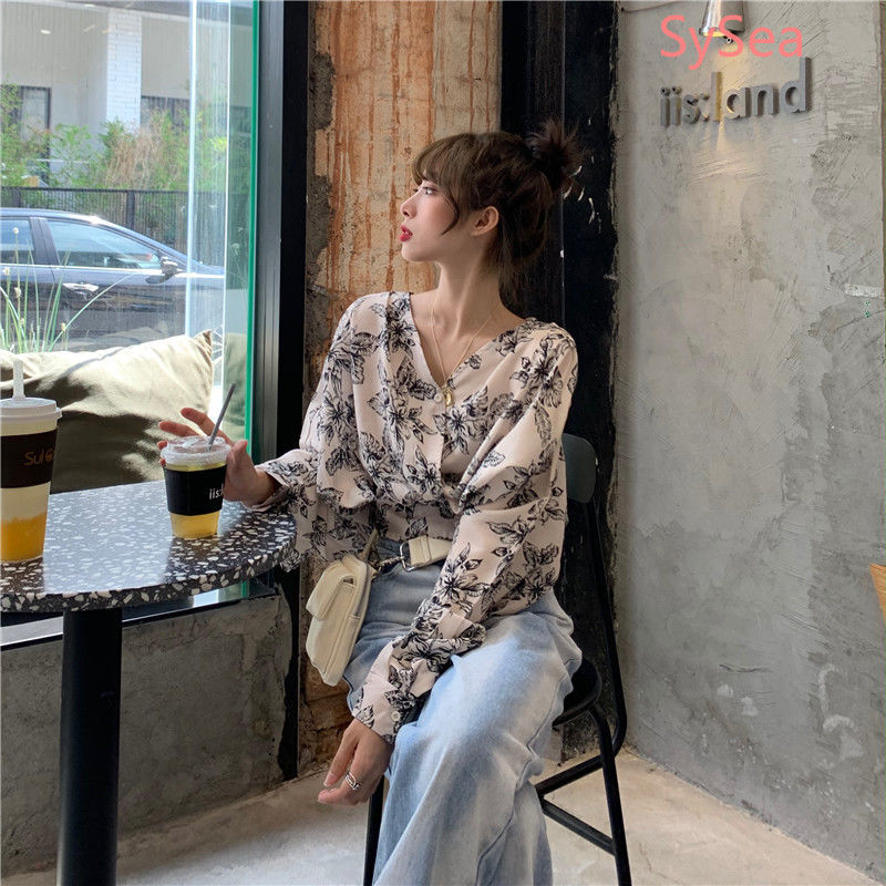 Áo Sơ Mi Tay Dài Cổ Chữ V Họa Tiết Hoa Phong Cách Retro