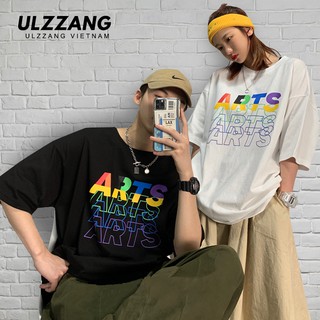 Áo thun tay lỡ ULZZANG 100% cotton dáng unisex form rộng in hình nghệ thuật phối màu
