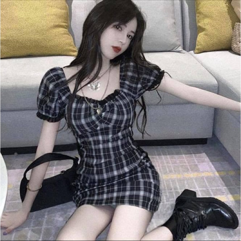 Đầm kiểu ngắn nữ tay ngắn bèo cúp ngực ôm body sọc caro - Order taobao quảng châu