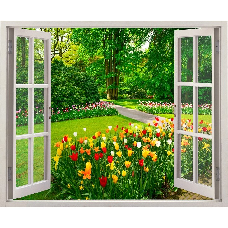 Tranh dán tường cửa sổ 3D VTC cảnh vườn hoa đẹp VT0183 kim sa