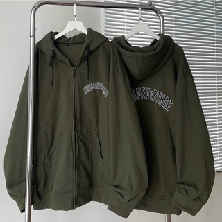 Áo khoác hoodie zip nỉ lót bông dây kéo thêu chữ thisisneverthat xanh rêu form rộng unisex nam nữ