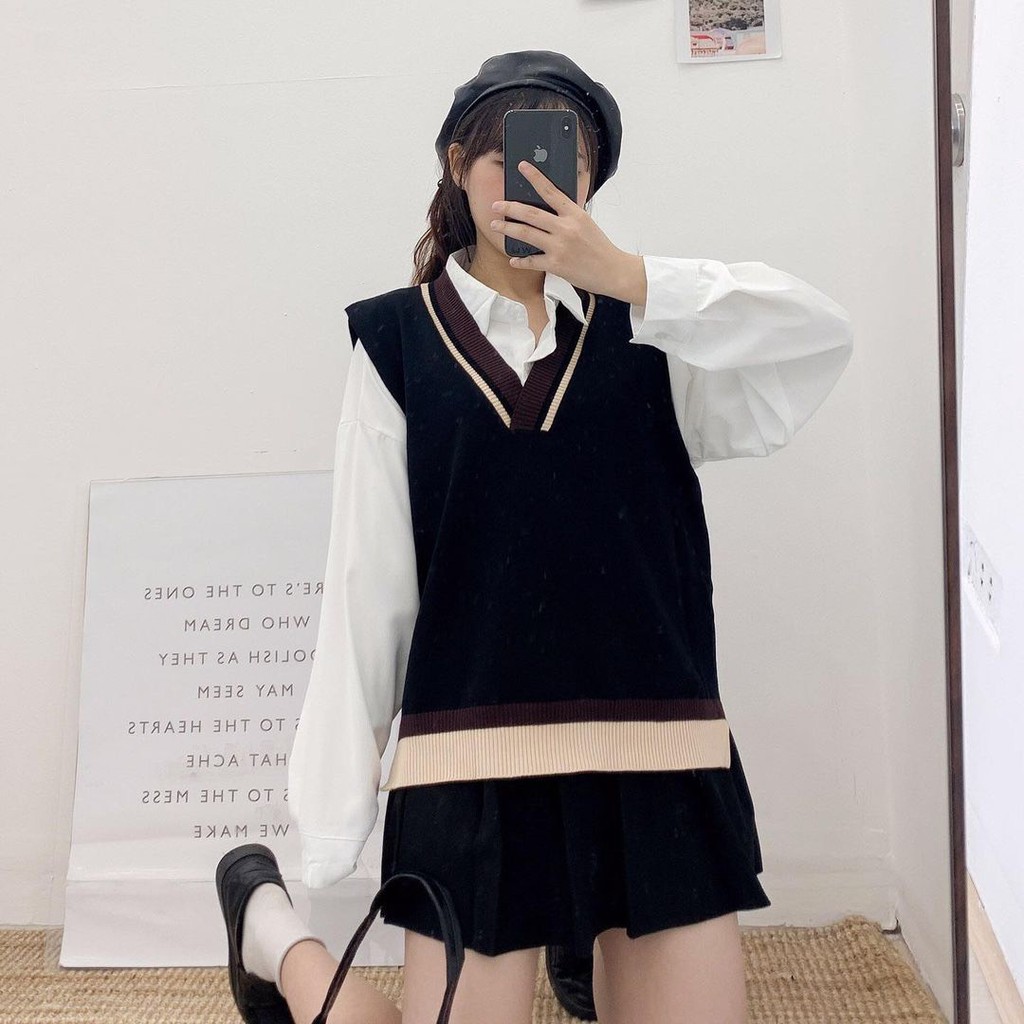 Áo len gile viền phối cùng sơ mi hàng thu mới về Fridayshop