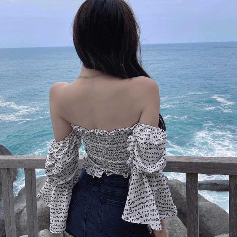 Áo voan lửng tay ống loe in họa tiết chữ thời trang dành cho nữ