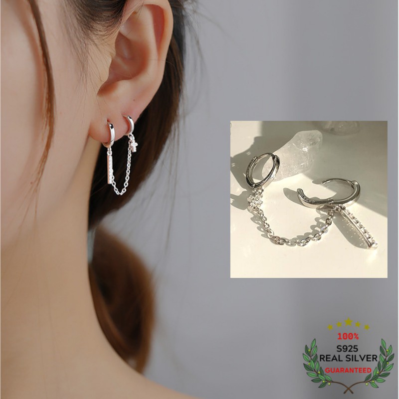 Bông Tai Bạc S925 Cross Bar Dạng Khoen Tròn Hai Lỗ Xỏ Đính Đá Zircon Trẻ Trung Cá Tính | Khuyên Tai Nữ Trang Sức Bạc
