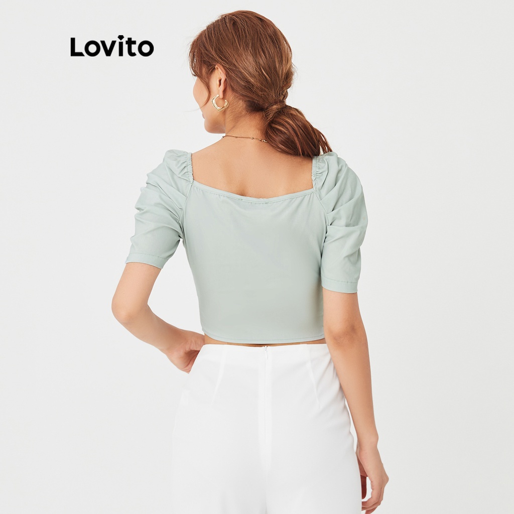 Áo kiểu Lovito xếp nếp lệch ổn định tay phồng màu trơn phong cách thanh lịch L27ED091 (màu xanh lam nhạt)